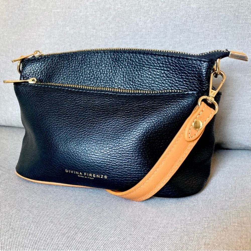 Italian Leather Divina Firenze Mini Shoulder Bag Black & Tan & Gold Italian Made